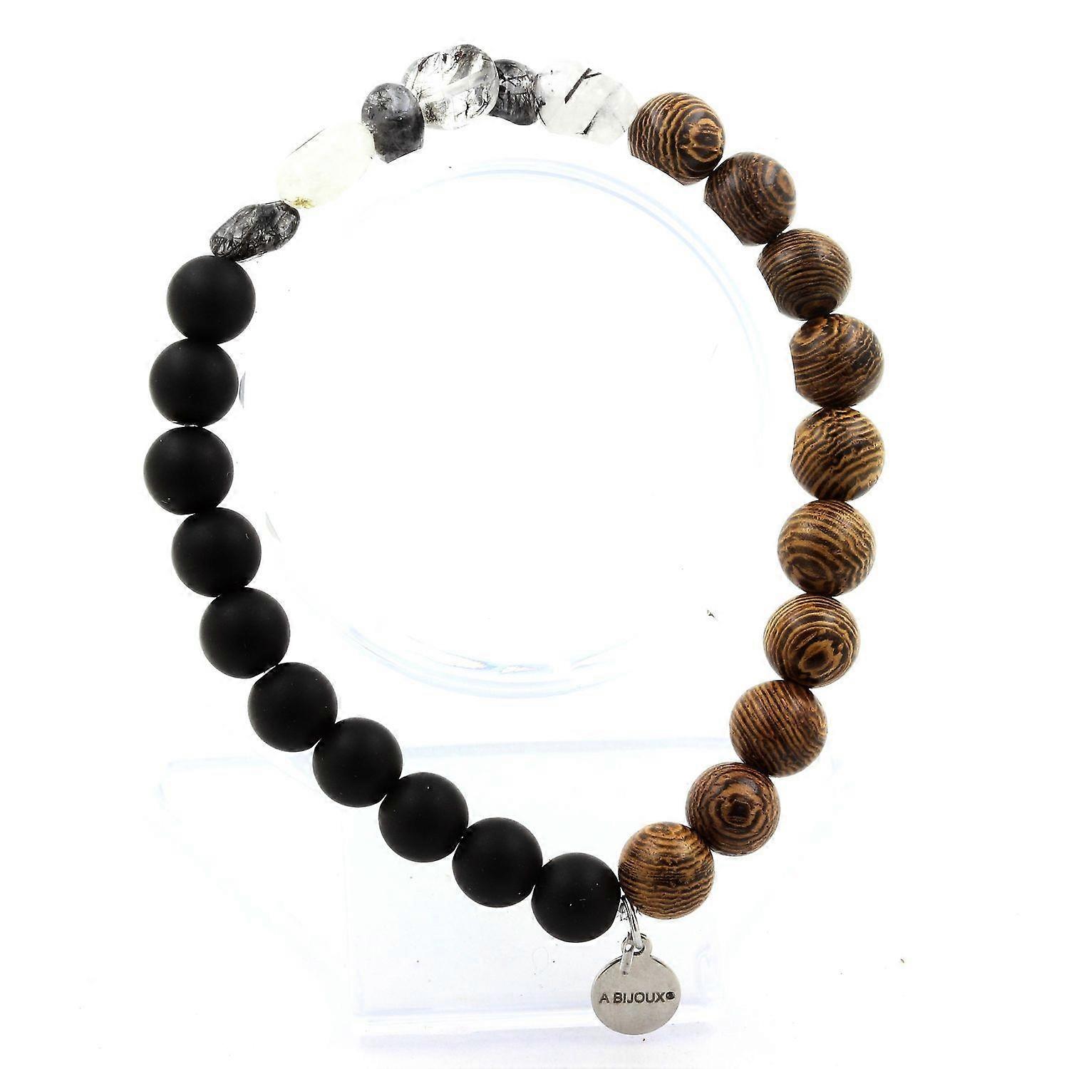 Quartz bracelet with Tourmaline inclusions from Brazil + Matte black Onyx beads + wood 8 mm