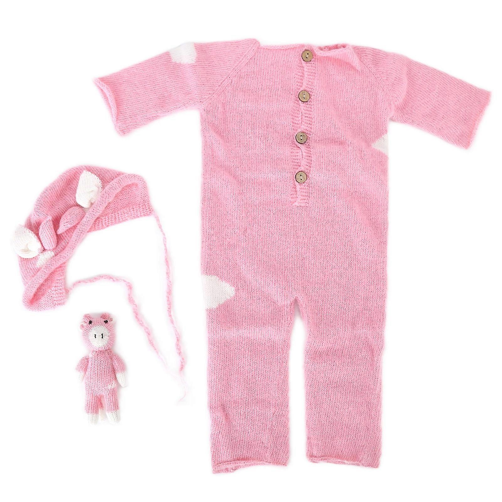Newborn Photography Suit Soft Knitted Jumpsuit Hat Toy Photo Shoot Props Set for BabyPink