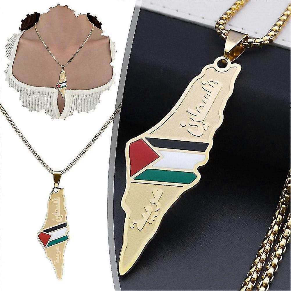 Palestine Map Flag Necklace Plated Stainless Steel Pendant with National Colors (Unisex)