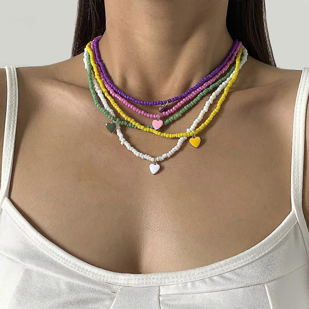 5pcs Adjustable Colored Beads Heart Shape Pendan Retro Necklaces