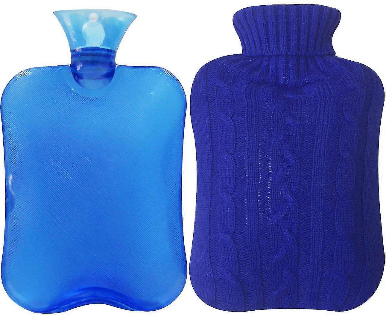 カバー付きゴム製湯たんぽ ニット、透明、2 リットル - ブルー
