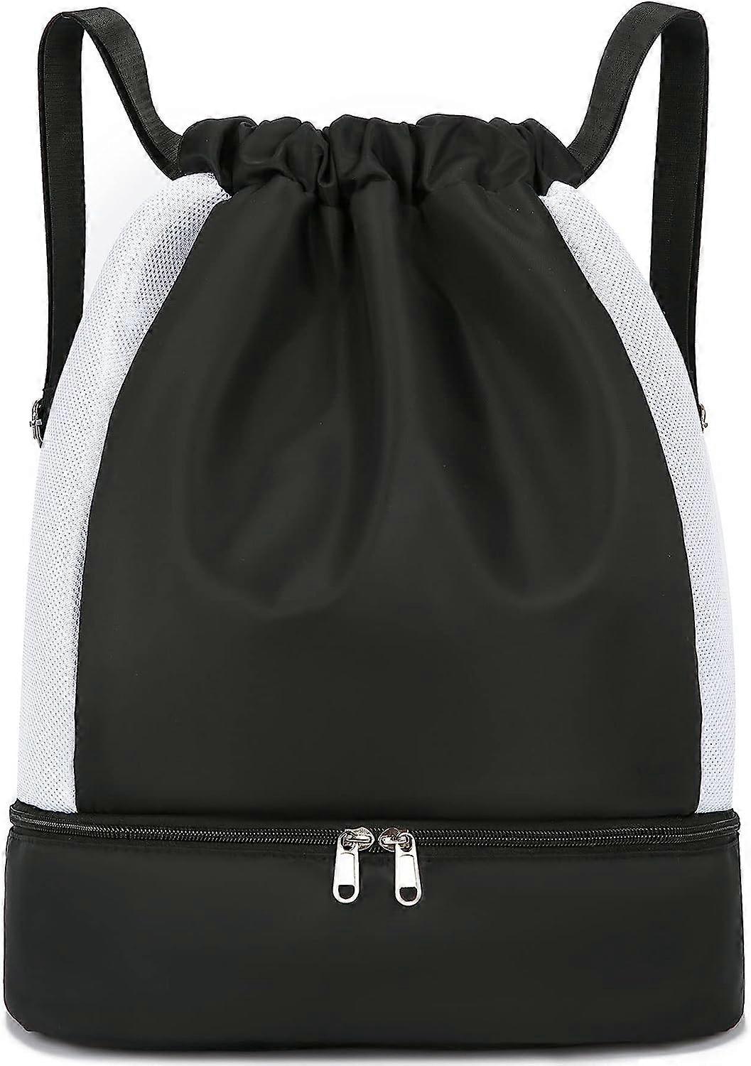 Black Sports Drawstring Bag for Men, Waterproof Rucksack with Shoe Compartment and Wet Pocket, Unisex Stylish Foldable Gym Bag for Swimming Travel Col