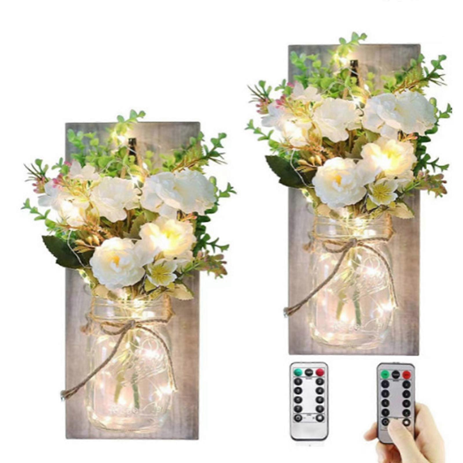 2pcs Rustic Mason Jar Wall Sconces,Handmade Hanging Disc With Remote Control