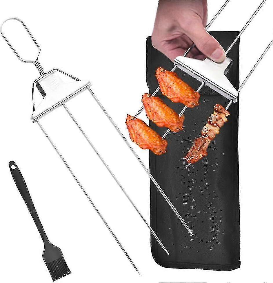 3-veis grillspyd, 3-pinners grillspyd i rustfritt stål, grillspyd i metall, halvautomatisk grillgaffel med skyvehåndtak