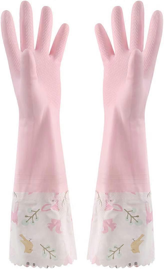 1 زوج الوردي زهرة قفازات مطاطية غير زلة للماء أكثر دفئا الشتاء طويل الكفة اللاتكس قفاز