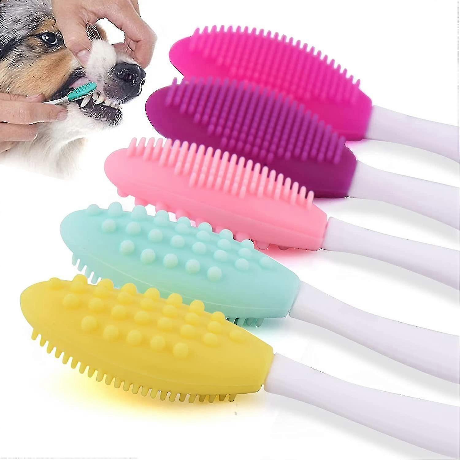 5-piece Dog Toothbrush, Double Sided Soft Silicone Gentle With Curved Long Handle Brush Kit