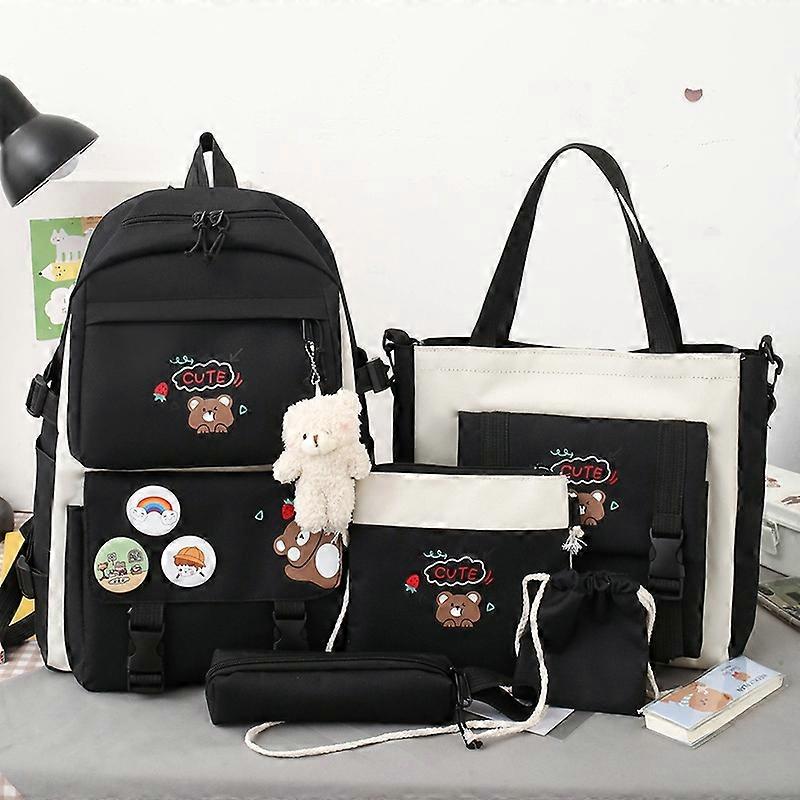 Type D 5Pcs/Set Canvas Backpack Handbag Drawstring Bag Pencil Case with Cartoon Bear Pendant