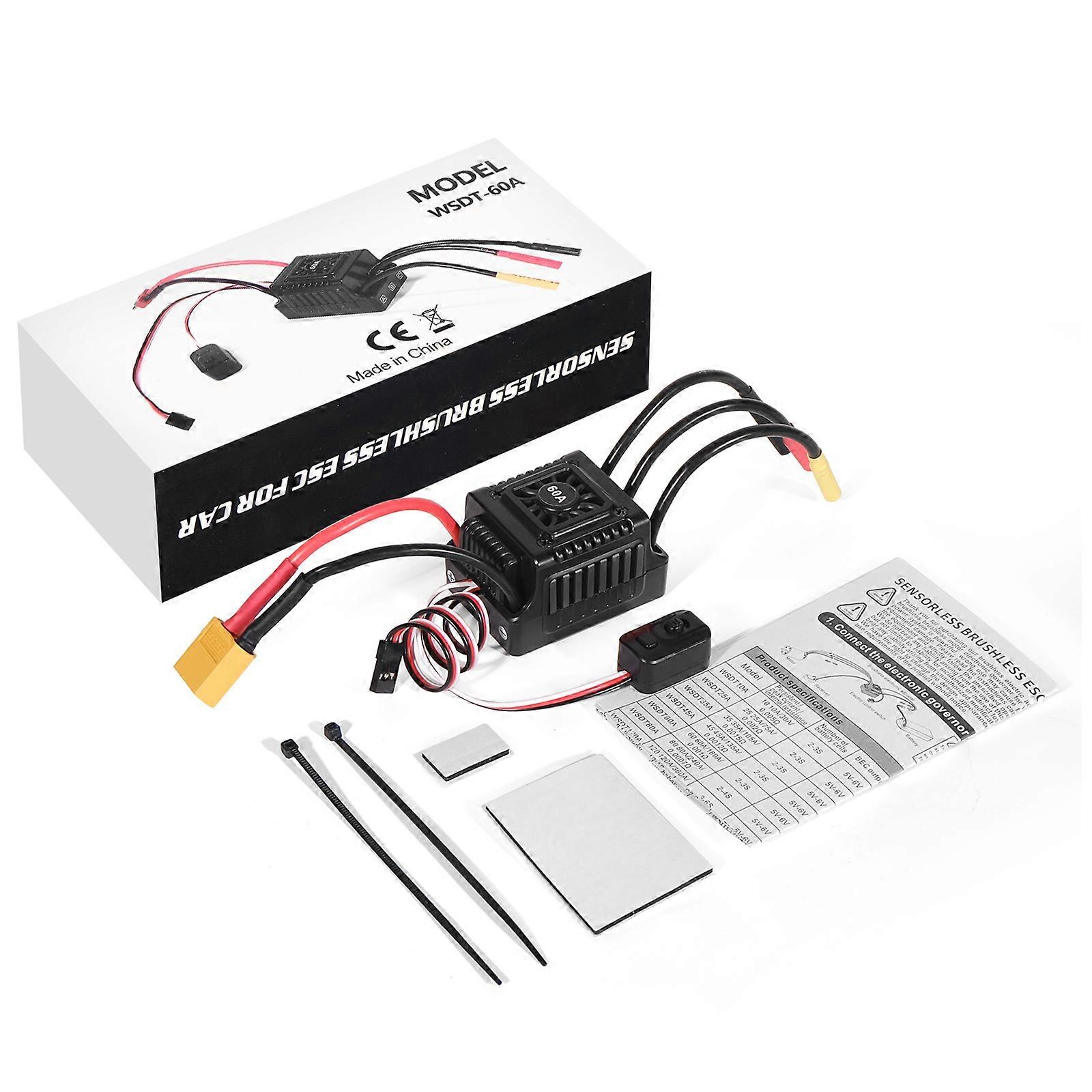 WSDT 60A Sensorless ESC Waterproof Electronic Speed Controller for  Enthusiasts, with XT60/T Connection Plugs  Black