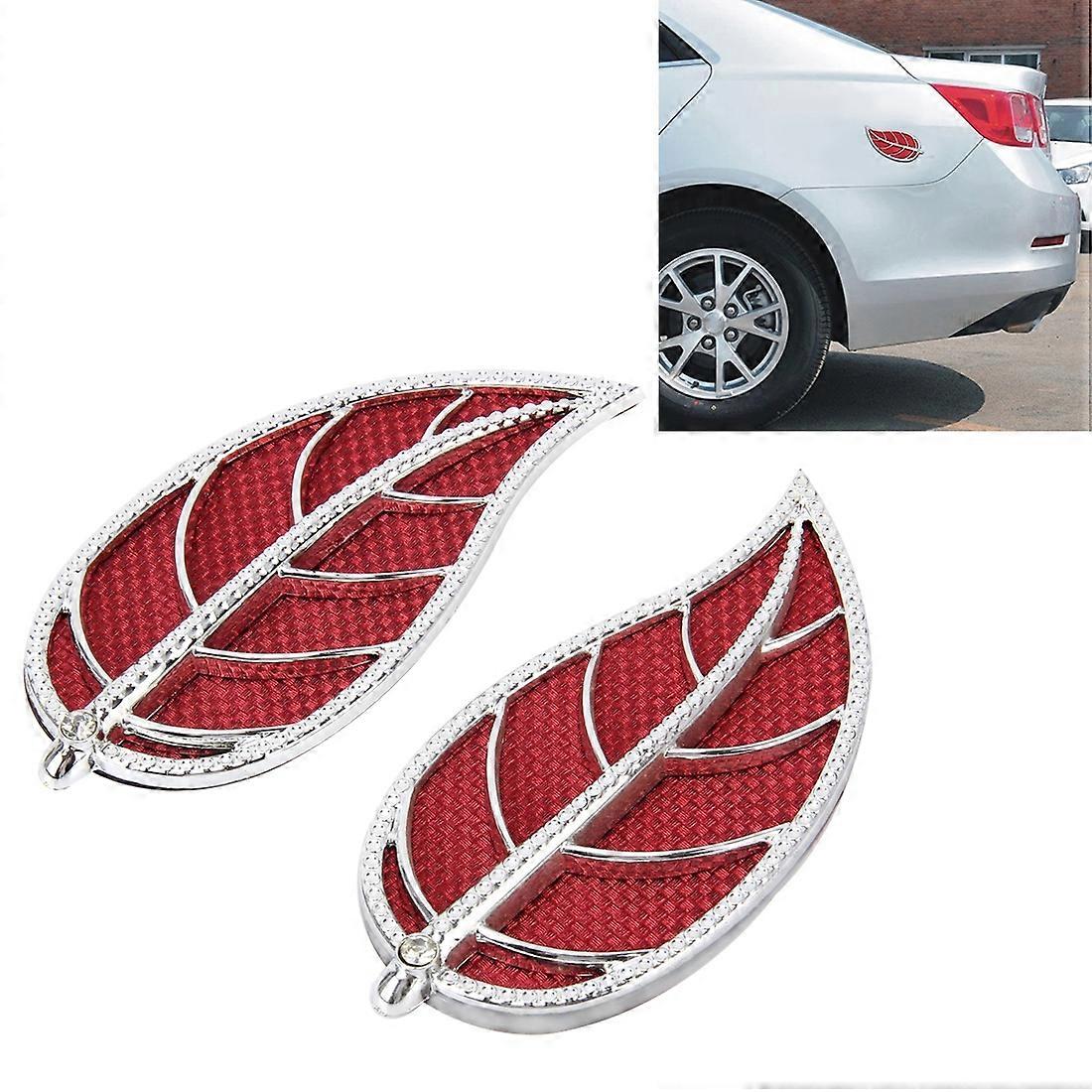 2 PCS Leaf Shape Car Plastic Decorative Sticker, Size: 12.0 x 6.0cm(Silver + Red)