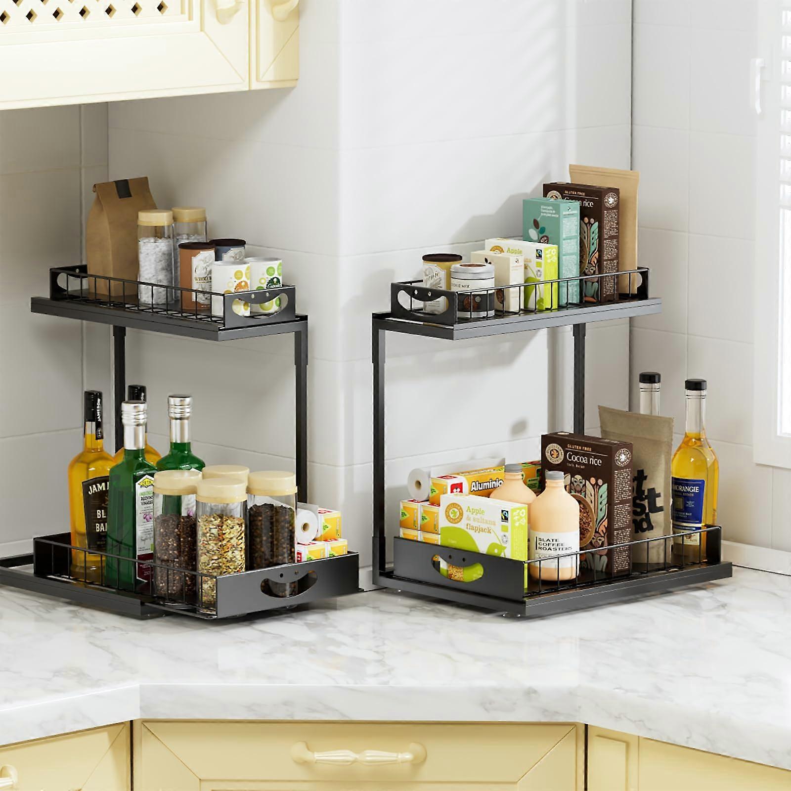 Under Sink Organizers 2-Tier L-Shaped Pull Out Cabinet Storage for Kitchen Bathroom Pantry 2 Pack Multi-Purpose