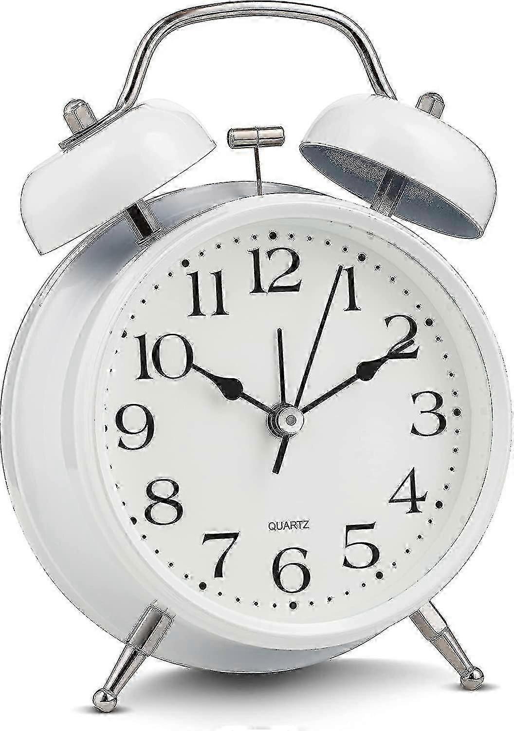 Analog Alarm Clock Extra Loud Twin Bells Retro White Silent Non-ticking Quartz Battery Operated With Backlight, Decorative Bedside Table Desk Vintage