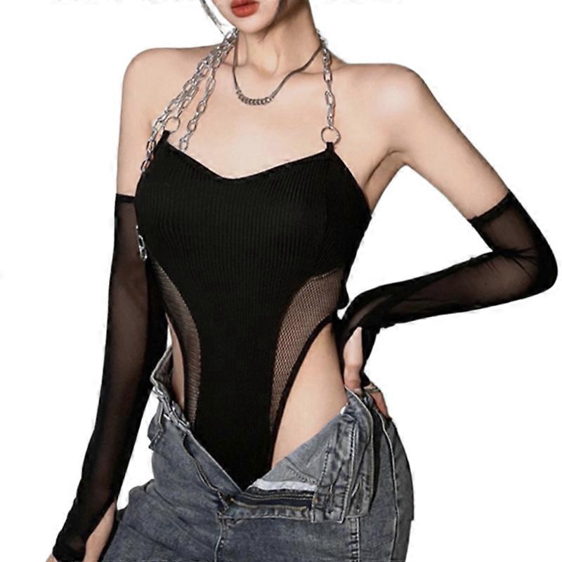 Long Sleeves Basic Jumpsuit American Gauze Splicing Chain Halter Women's Bodysuit
