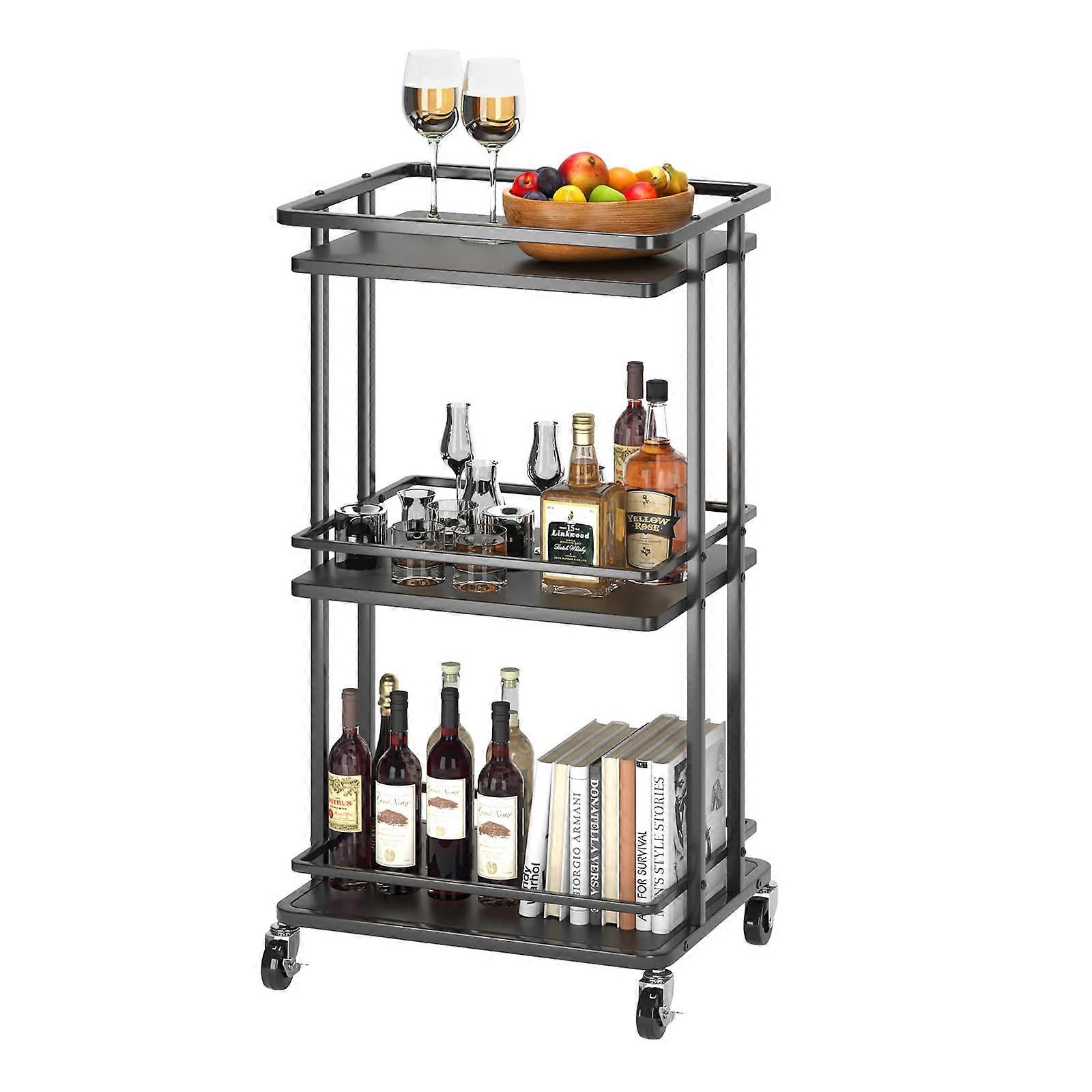 3Tier Rolling Serving Bar Cart, Wood and Metal Kitchen Island Storage Cart with Wheels (Black)