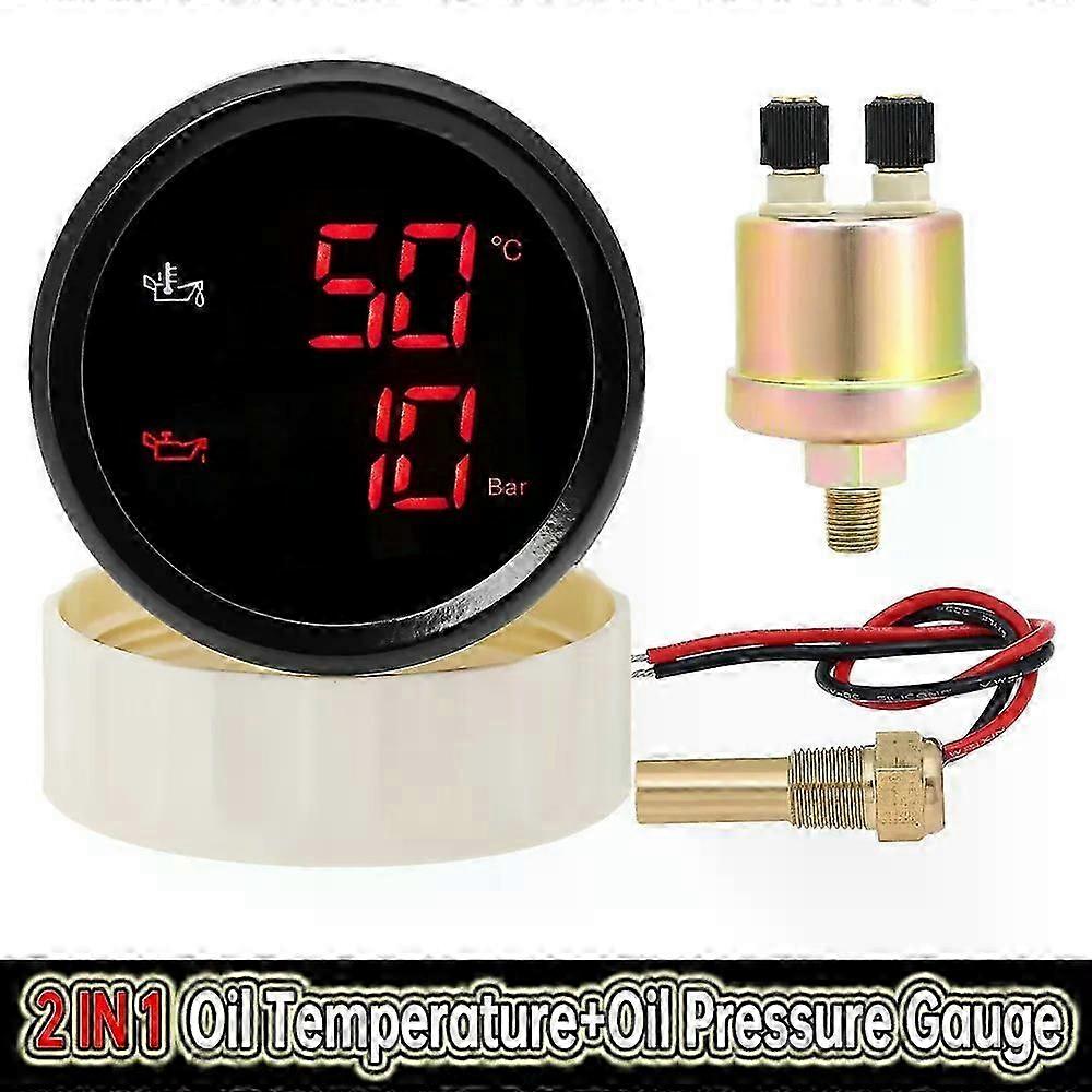 2 In 1 Oil Temperature+oil Pressure Gauge With Sensor Digital Display Red/green Car Gauge Backlight For Marine Boat Car 9-32v