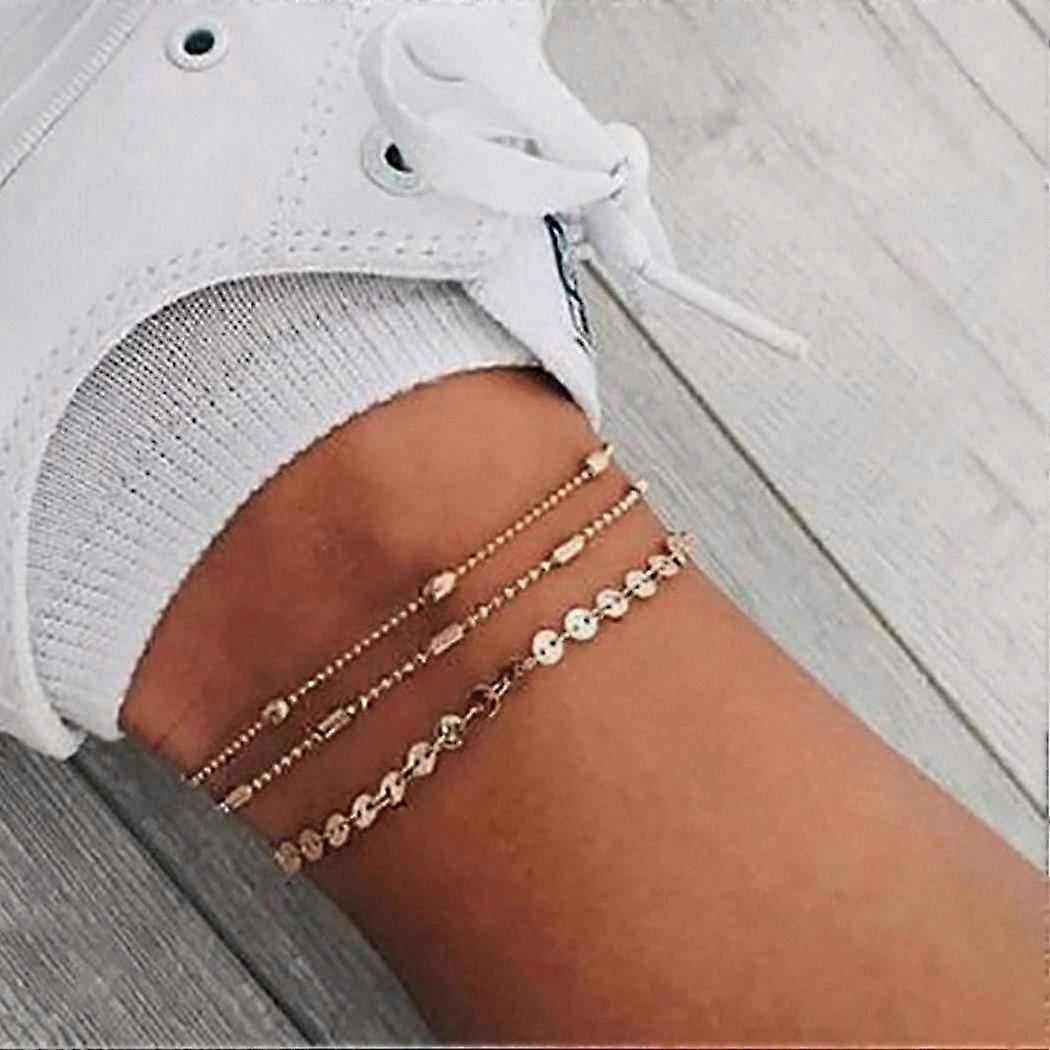 Bohemian Style Layered Sequined Anklets with Beads Foot Jewelry Chains for Women and Girls (in Gold Color)