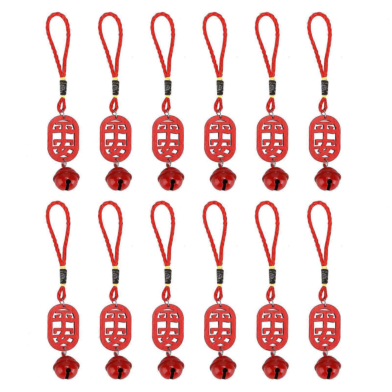 12個木製の赤いベルペンダント15.5cmクリスマスツリーのドアの装飾