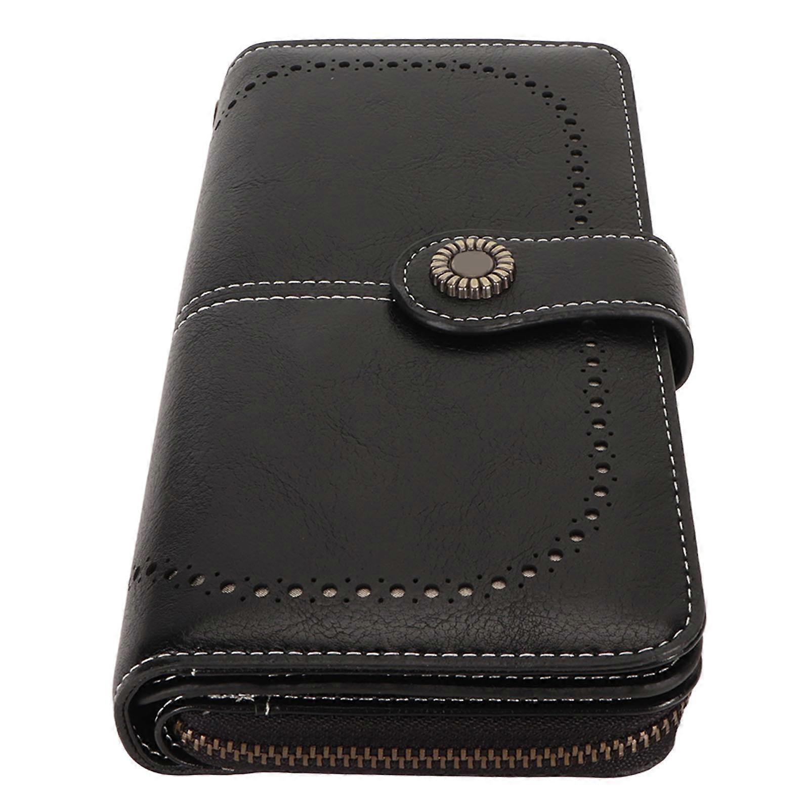 RFID Blocking Leather Wallet Large Capacity Double Snap Button Women Wallet with Removable Wrist Strap Black