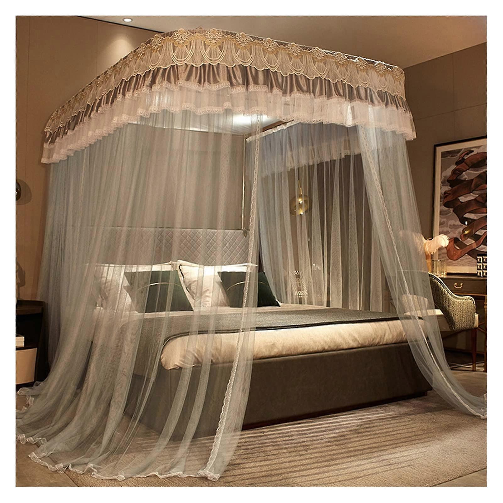 Girls Bed Canopy Mosquito Net, Princess Style, Three-Side Openings, With Posts, Romantic Lace, Blue Gray Size