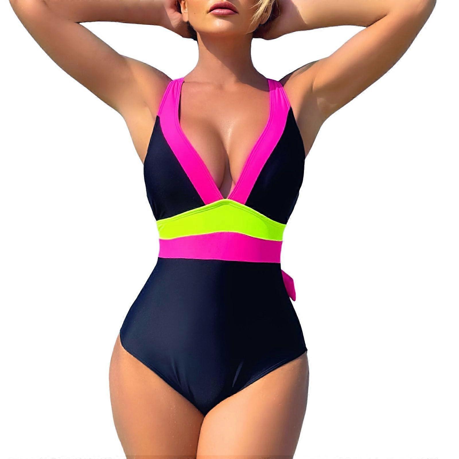 Swimsuit Plus-Size Neon Colorblock High-Waist One-Piece With Tie-Back Black M