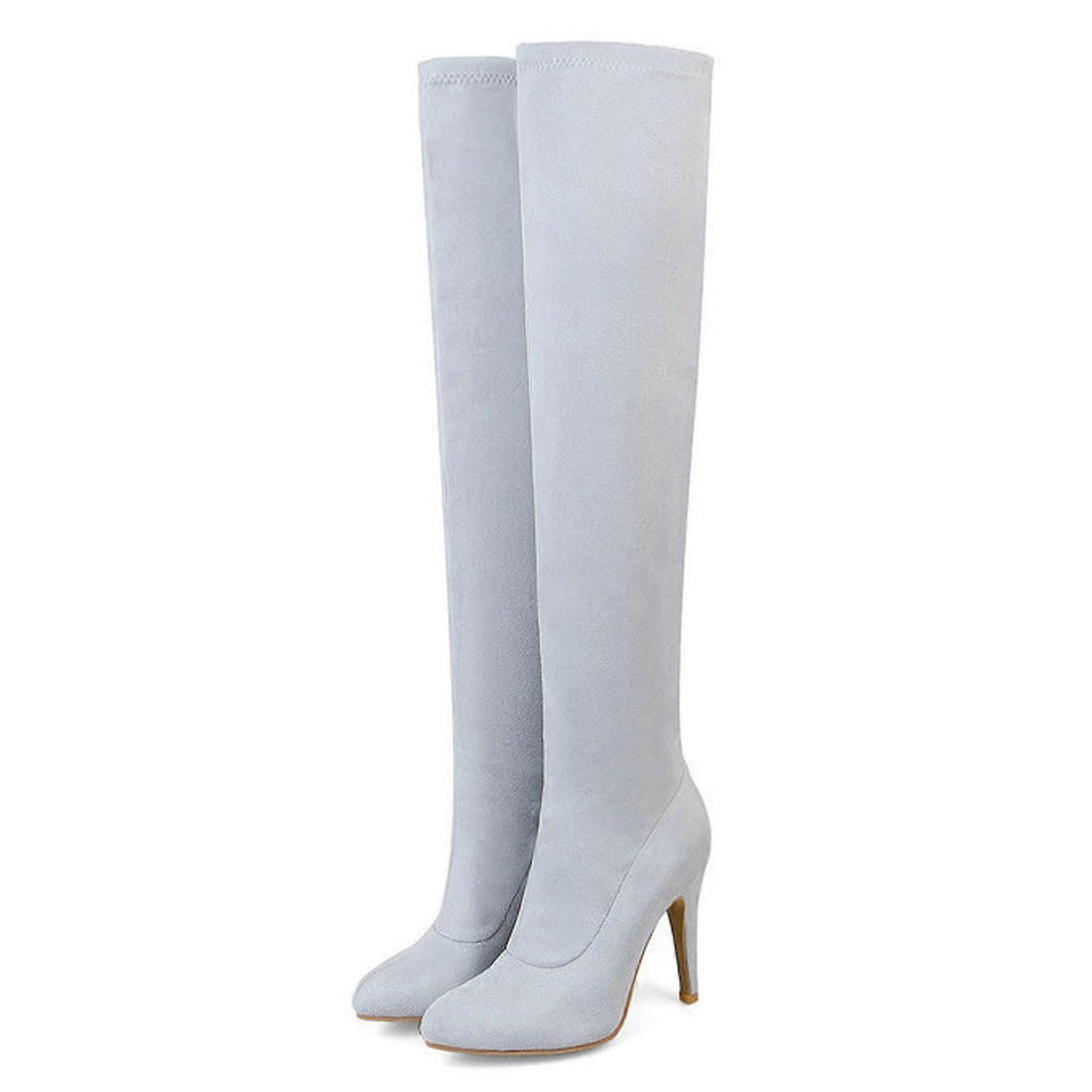 Talons Femmes Bottes Cuissard Daim Talon Aiguille Bout pointu Stretch Bottes Cuissardes Robe de soirée Escarpins Chaussures 9,5 cm, gris Gris 46 EU