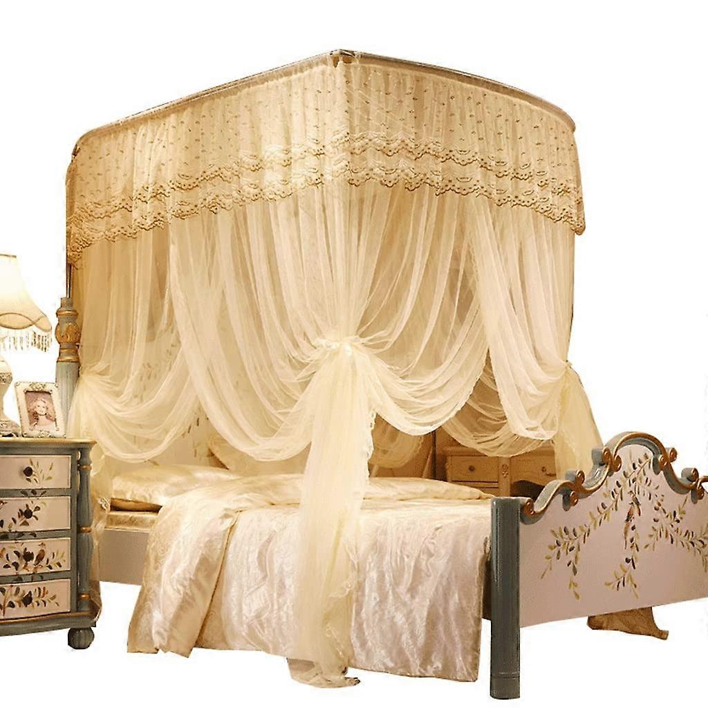Fishing Rod Telescopic Mosquito Net, Ushaped Three Door Mosquito Net, Bed Canopy, King Canopy (Color: Beige, Size: 2.0*2.2)