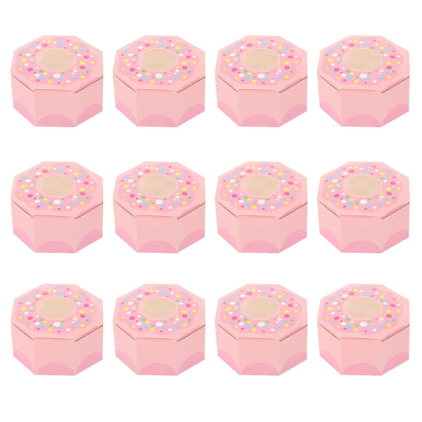 Pink Donut Shaped Paper Boxes for Party Favor and Storage with Transparent Window 12 Pcs