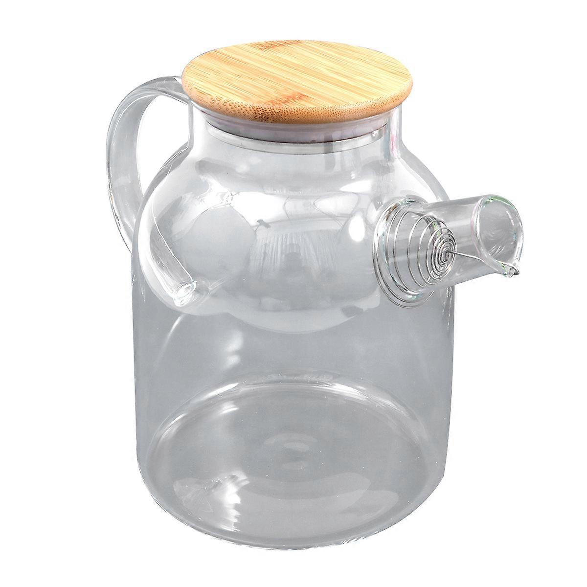 1Pc 1.6L Heat Resistance Water Pot Handheld Kettle Stainless Steel Transparent Juice Water Pot with Large Mouth Bamboo Cover