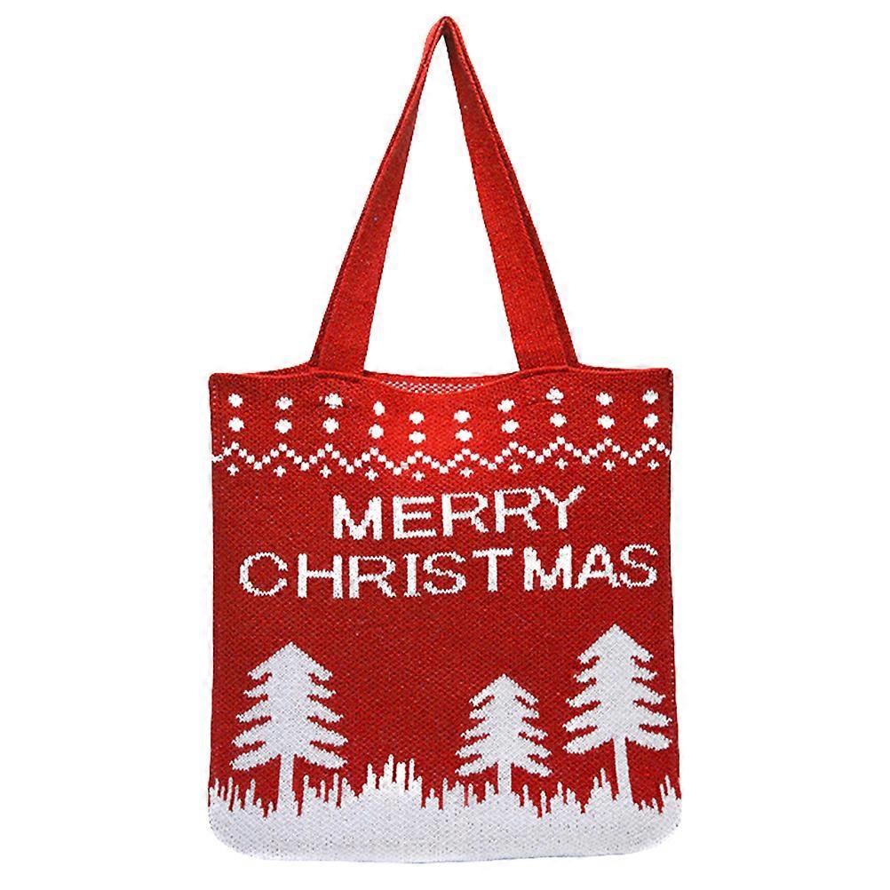 Large Capacity Tote Bag Knitting Tote Bag Christmas Tree Pattern Red Woolen Yarn Daily Use 1Pc