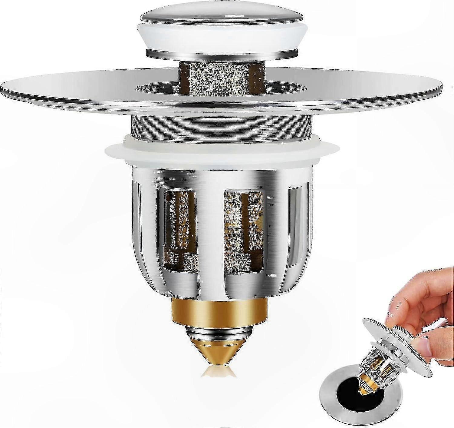 Universal Sink Stopper with Drain Strainer, Push-Type Pop-Up Plug Replacement for Bathroom and Kitchen Sinks