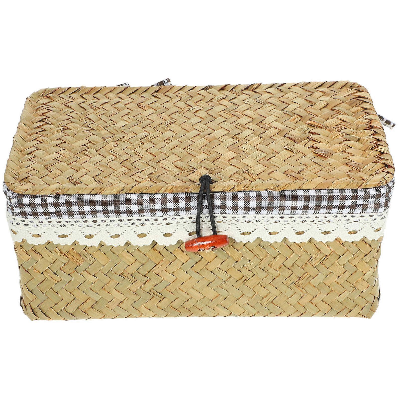 Khaki Hand Woven Storage Bin for Home Use MultiFunctional Organizer Straw Material 13.5 x 13.5 x 10 Inches