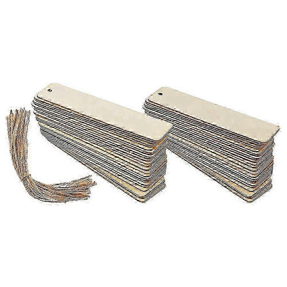 2025 100pcs Wooden DIY Bookmarks with Ropes - Thin Rectangle Hanging Markers