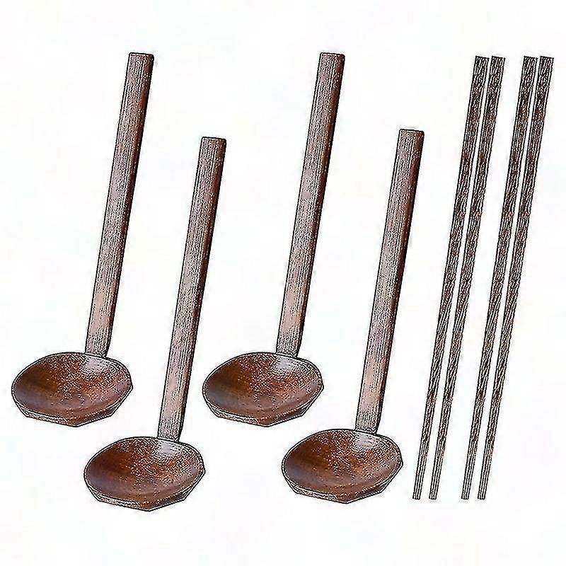 Japansk Ramen Skedset i trä - 4 st Soppskedar med långt handtag för varm gryta, ris, skalservering