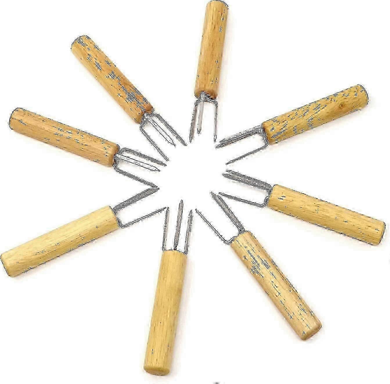 8pcs Stainless Steel Corn Rack Corn Cob Rack Corn Fork Wooden Handle BBQ Fork