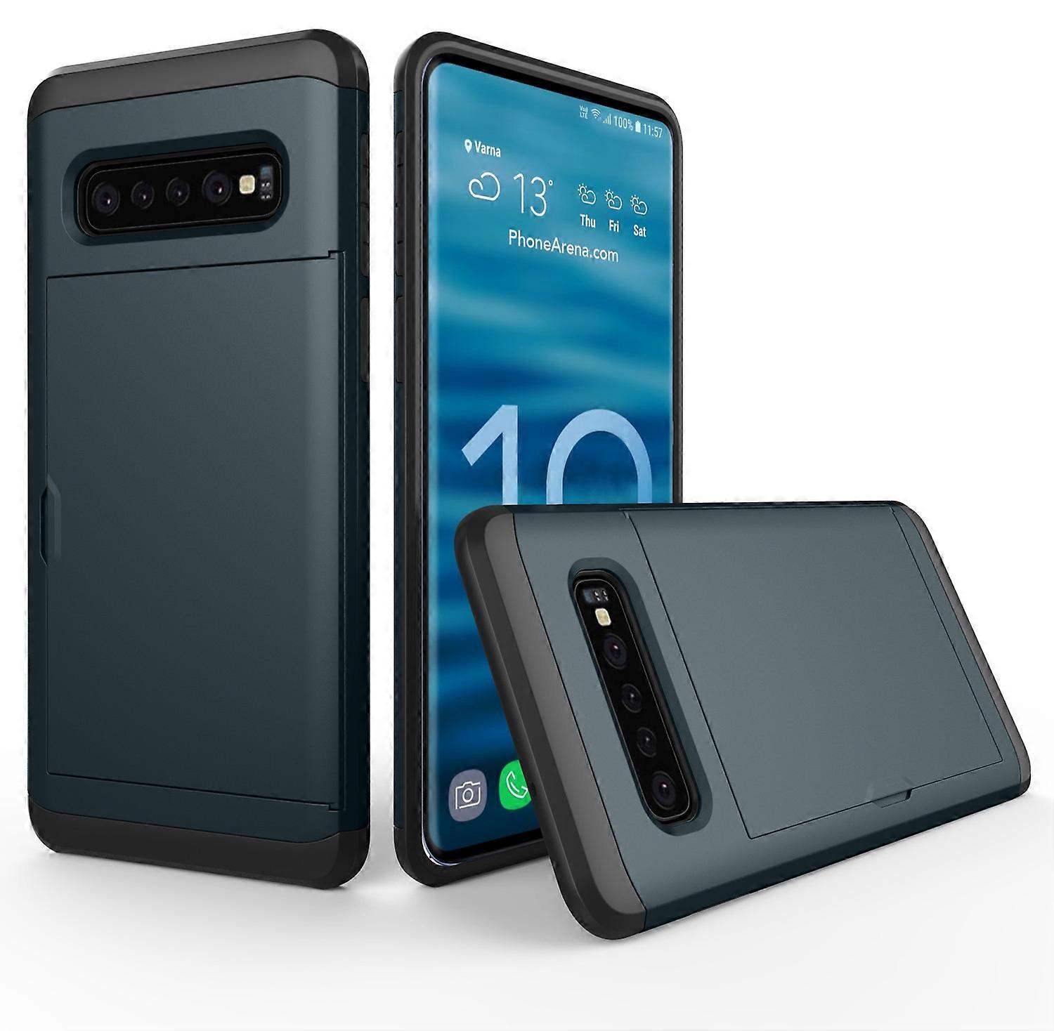 For Samsung Galaxy S10 Slide Card Holder Hybrid PC + TPU Mobile Cover - Dark Blue