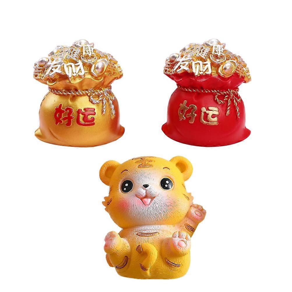 Lovely Tiger Money Bag Adorns Tiger Desk Decor for Office Red Resin Decoration 3Pcs