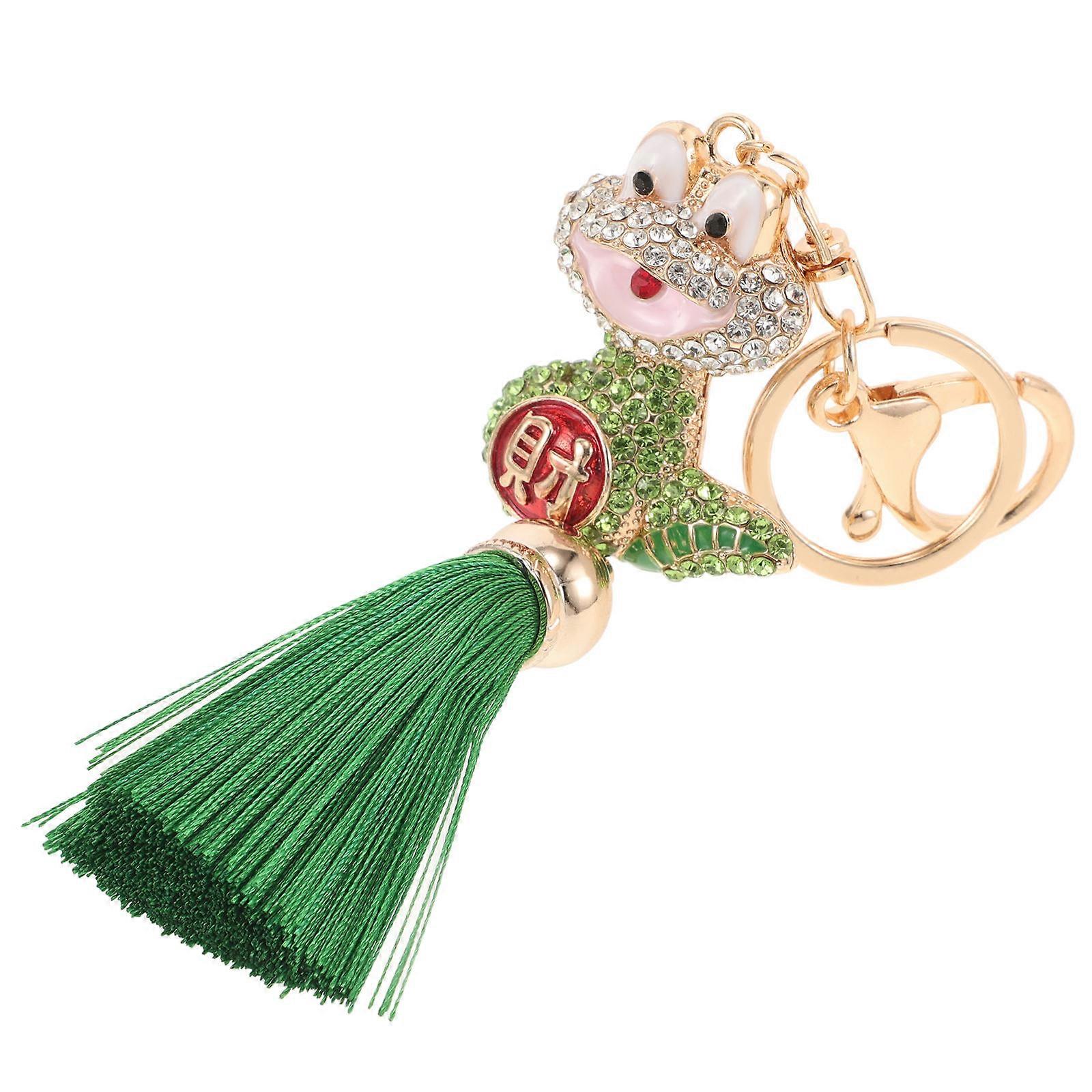 Elegant Snake Design Keychain with Tassel Pendant Made of Alloy and Rhinestone Green Color for Hanging Keys