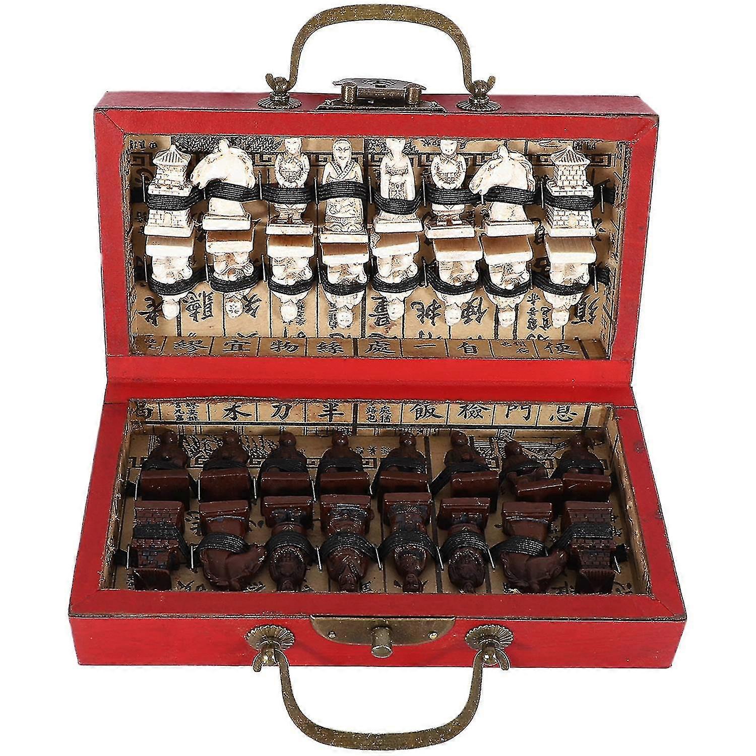 Chinese wooden leather chess set with 32 Terracotta Warrior chess pieces, suitable for 4-year-old girls