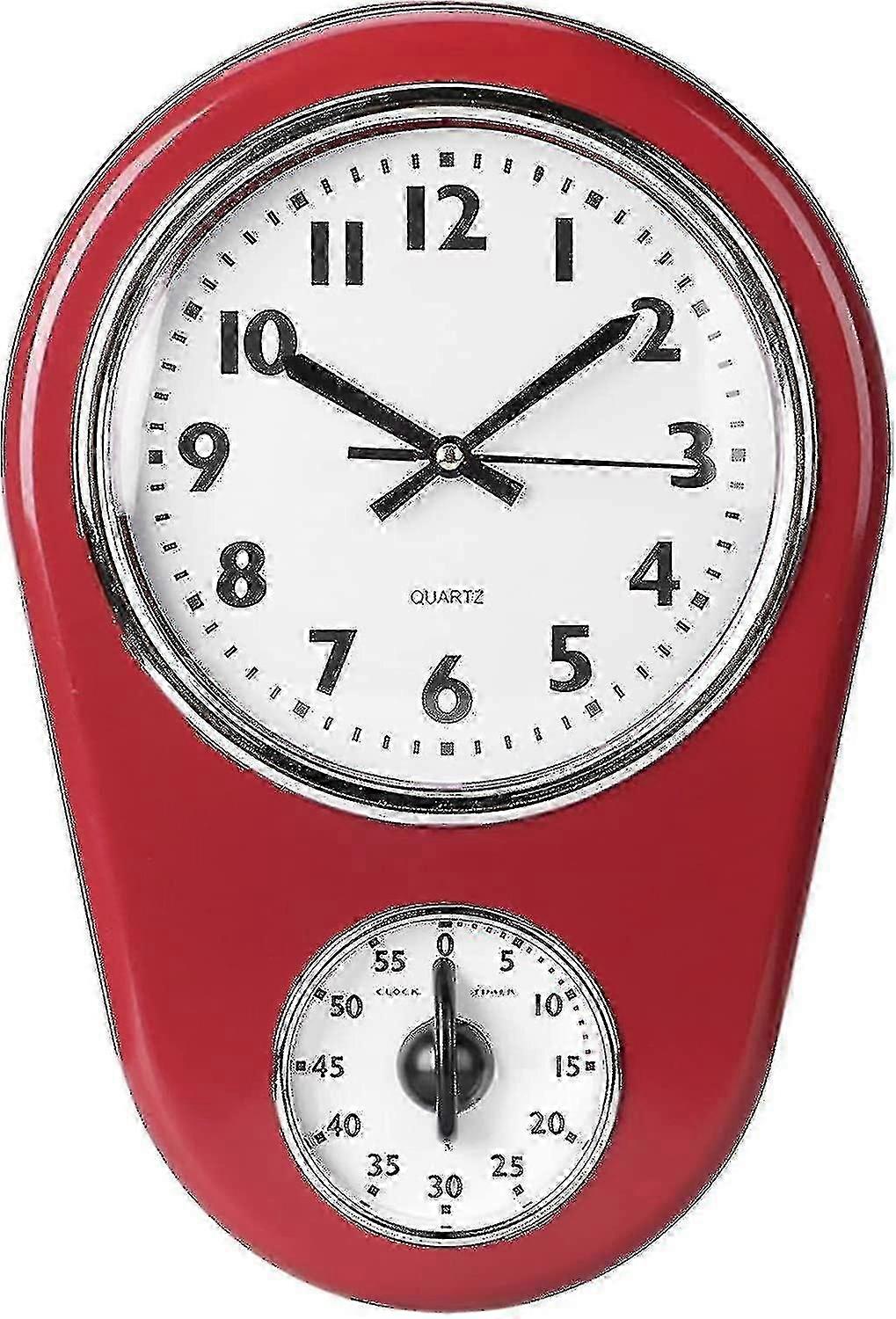 Retro Kitchen Timer Wall Clock, Red Vintage Silent Home Timer
