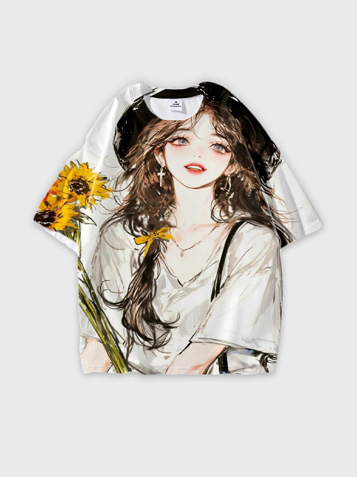 T-Shirt Round Neck, Loose Short Sleeve Pattern Graphic Tee, Unisex Summer Casual Top W3044