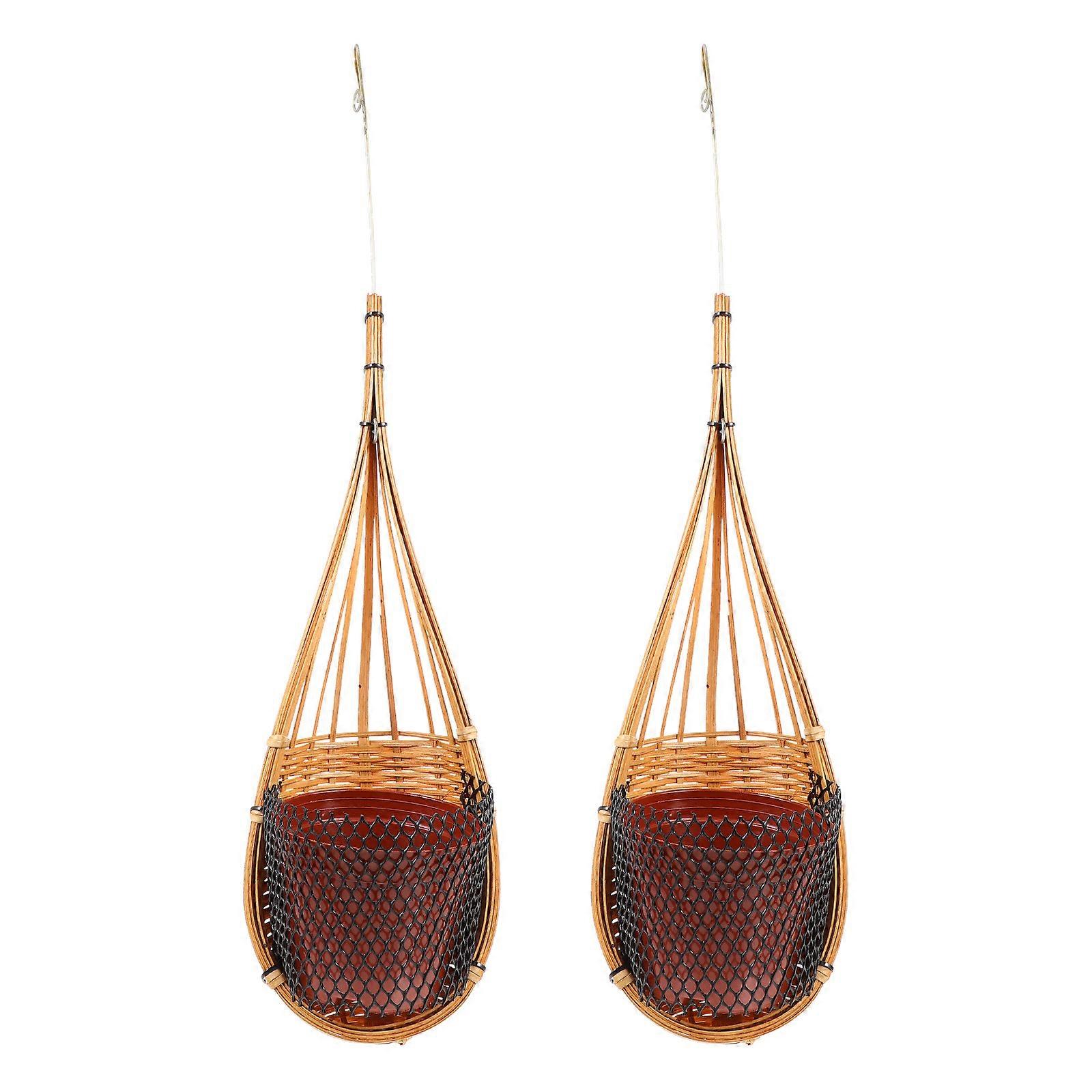 Hanging Flowerpot Bamboo Basket Wall Mount Multi-Function 2Sets