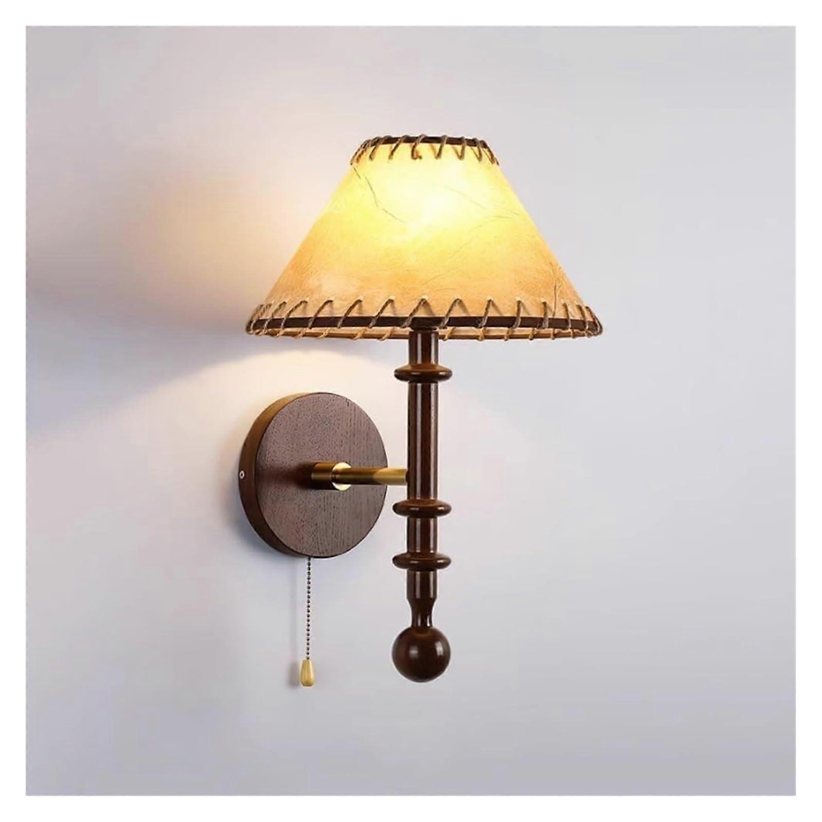 Wall Lights Sconces Retro Bedside Wall Light With Fabric Lampshade, Solid Wood, Indoor Use, Pull Cord Switch