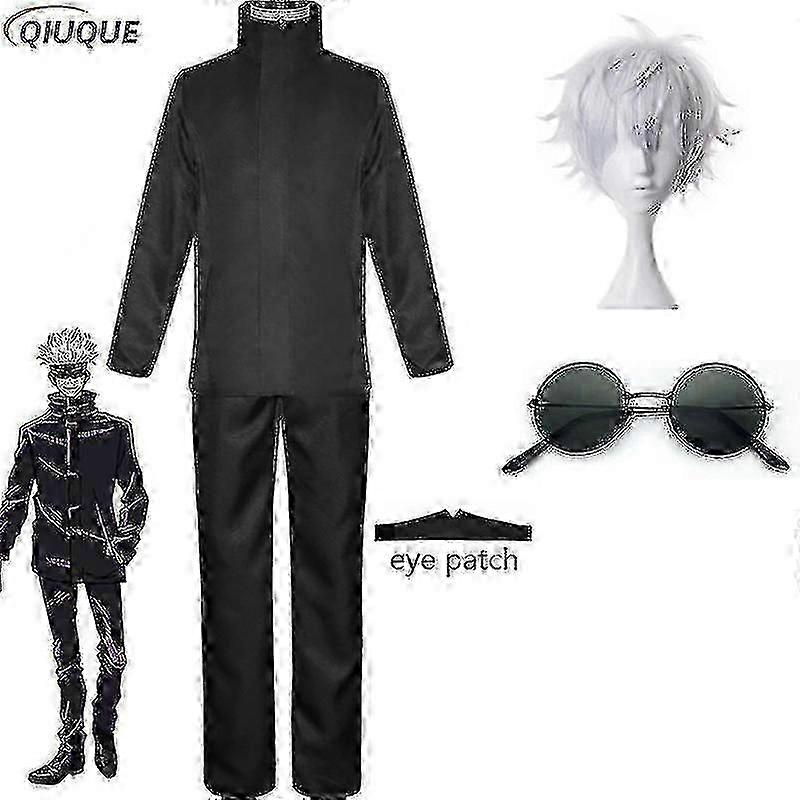 2023-アニメ呪術廻戦五条悟コスプレコスチュームトップスパンツアイパッチハロウィンパーティー男性ユニフォームウィッグ-R-2025