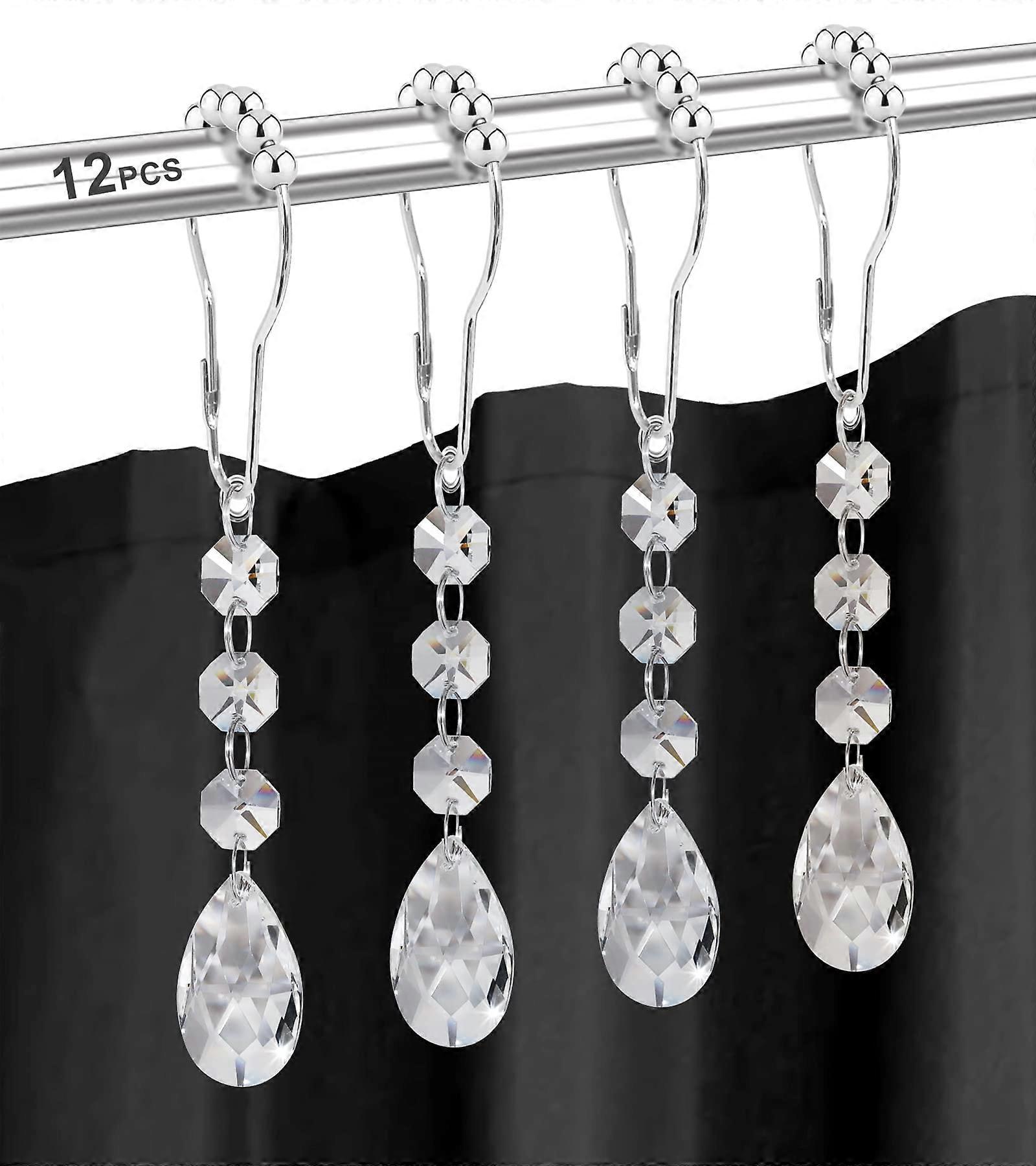 Shower Curtain Hooks Rings 12Pack Gemstone Crystal Bead Stainless Steel RustResistant Clear Rings for Shower Curtains