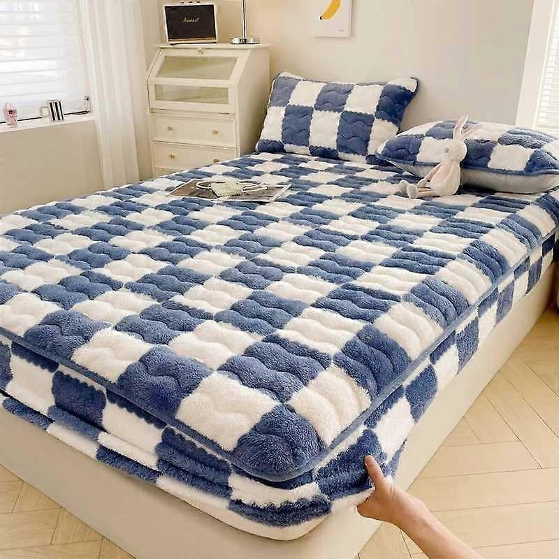 Flannel Fitted Sheet Milk Velvet Checkered Bedding Size 180x200cm Color A Non Slip Mattress Cover