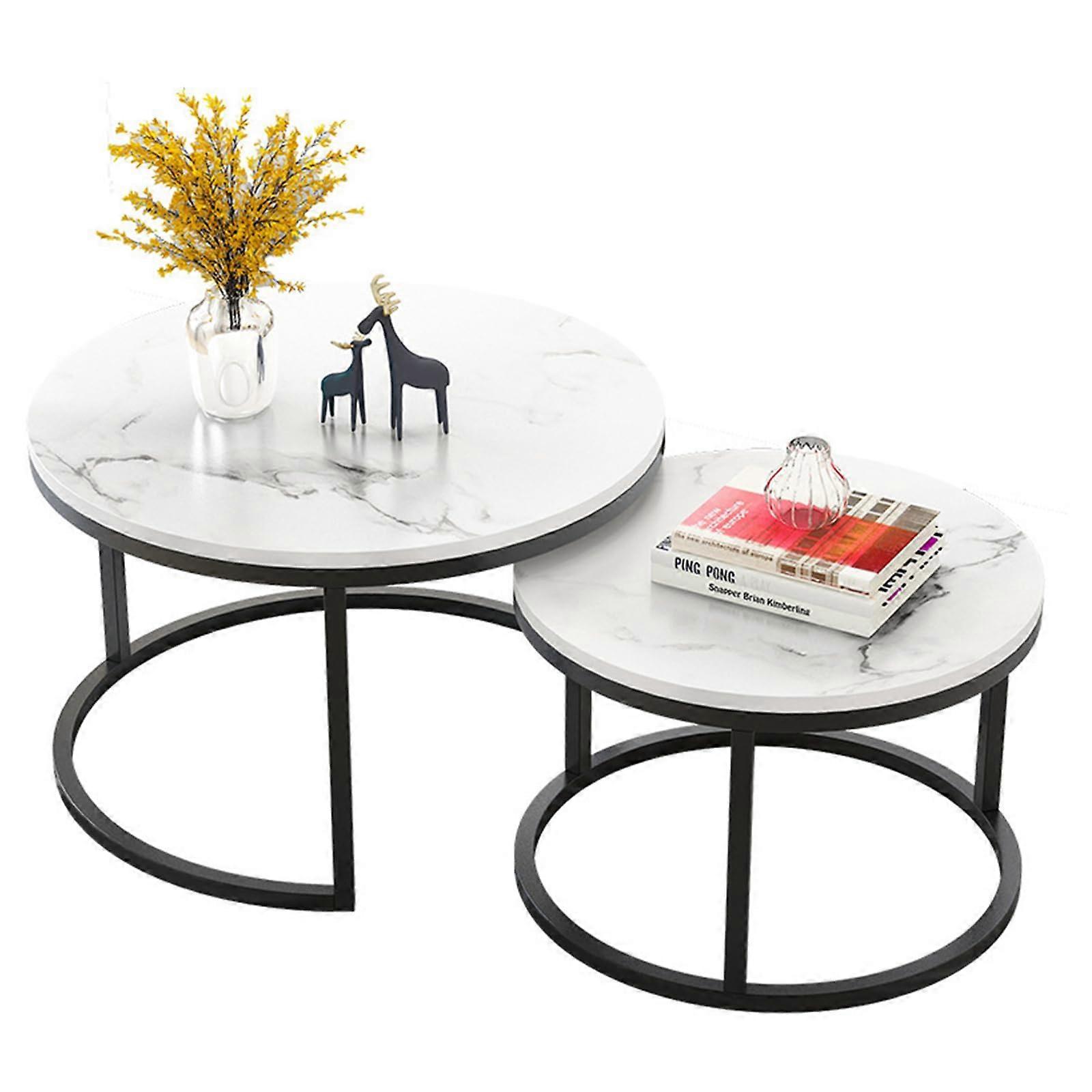 Round Nesting Tables 2Piece Set With Faux Marble , Metal Frame, Rustic Brown, 80cm & 60cm, Removable End Tables For Living Room