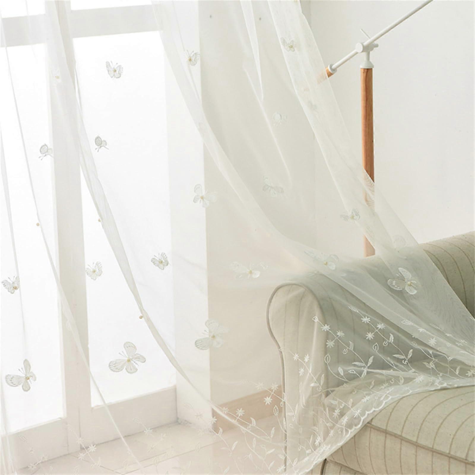 Voile Net Curtains Gradient With Butterfly Embroidered Pearls Eyelet 52x84 Two Panels White Lightweight Room Darkening