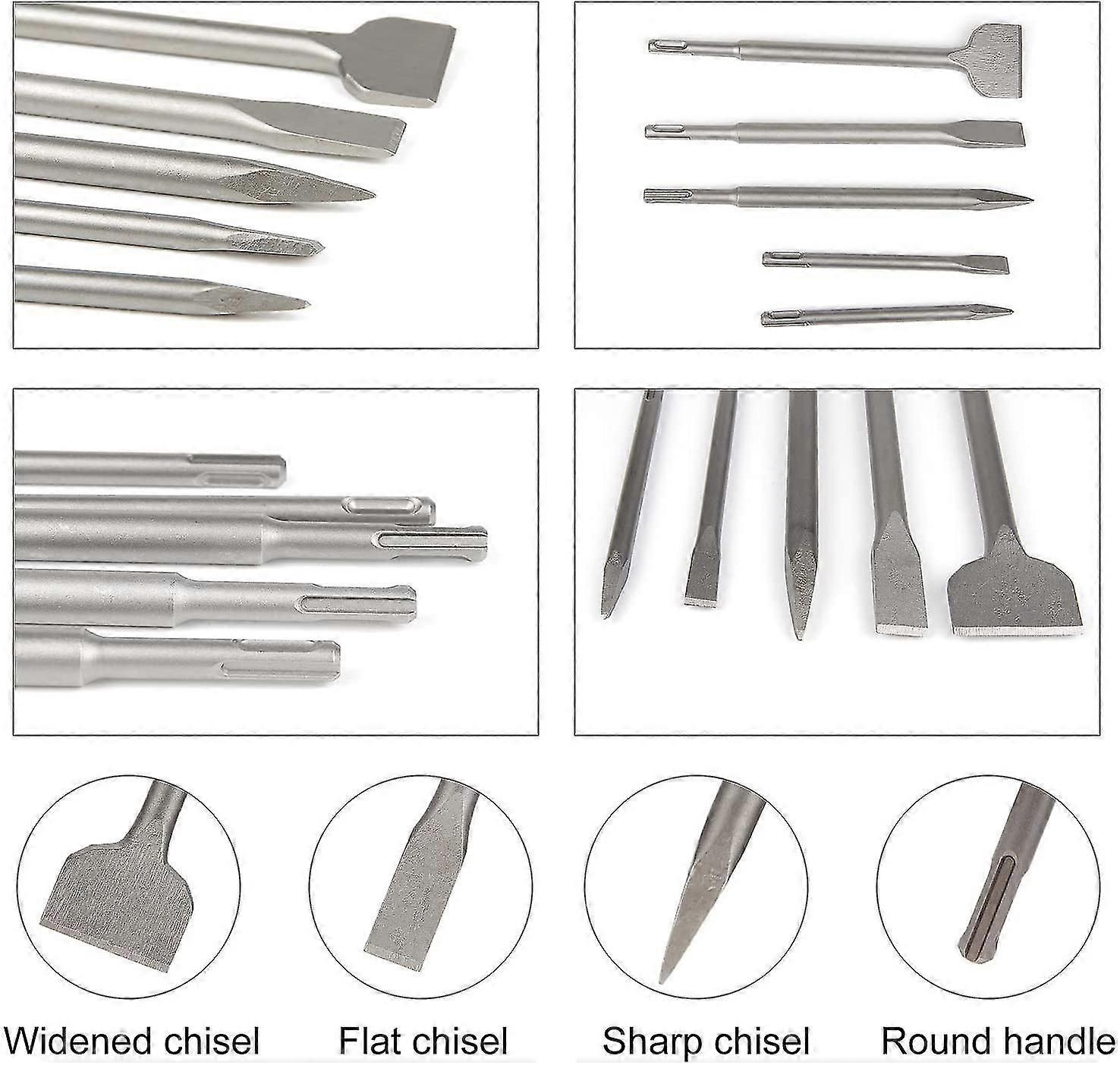 SDS Chisel Set of 5 Chisels with 2 Pointed Chisel and 3 Flat Chisels, Concrete Drilling Tool