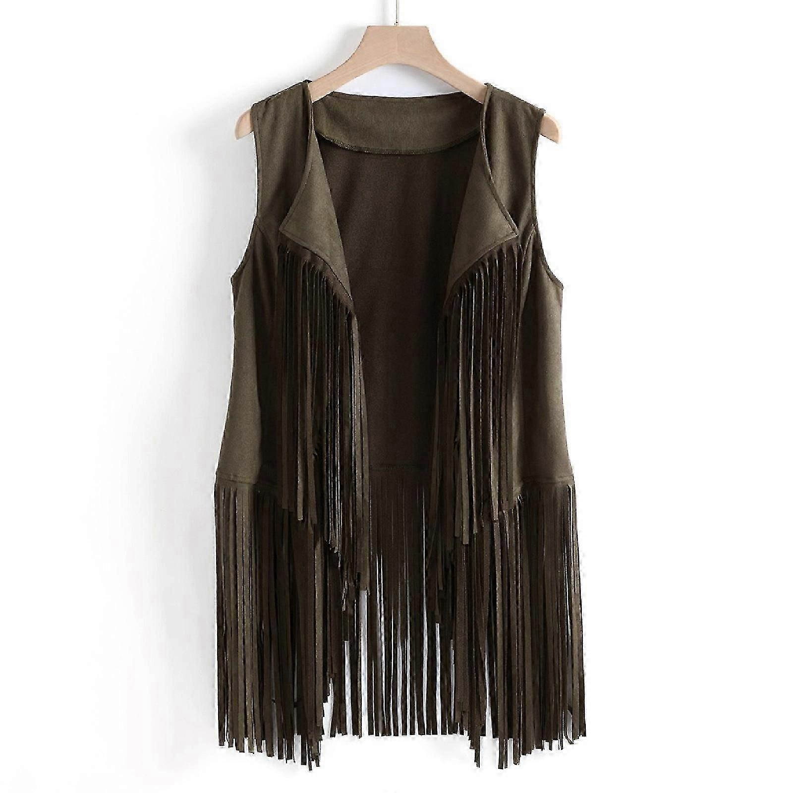 Women Winter Suede Ethnic Sleeveless Tassels Fringed Vest Cardigan 240206