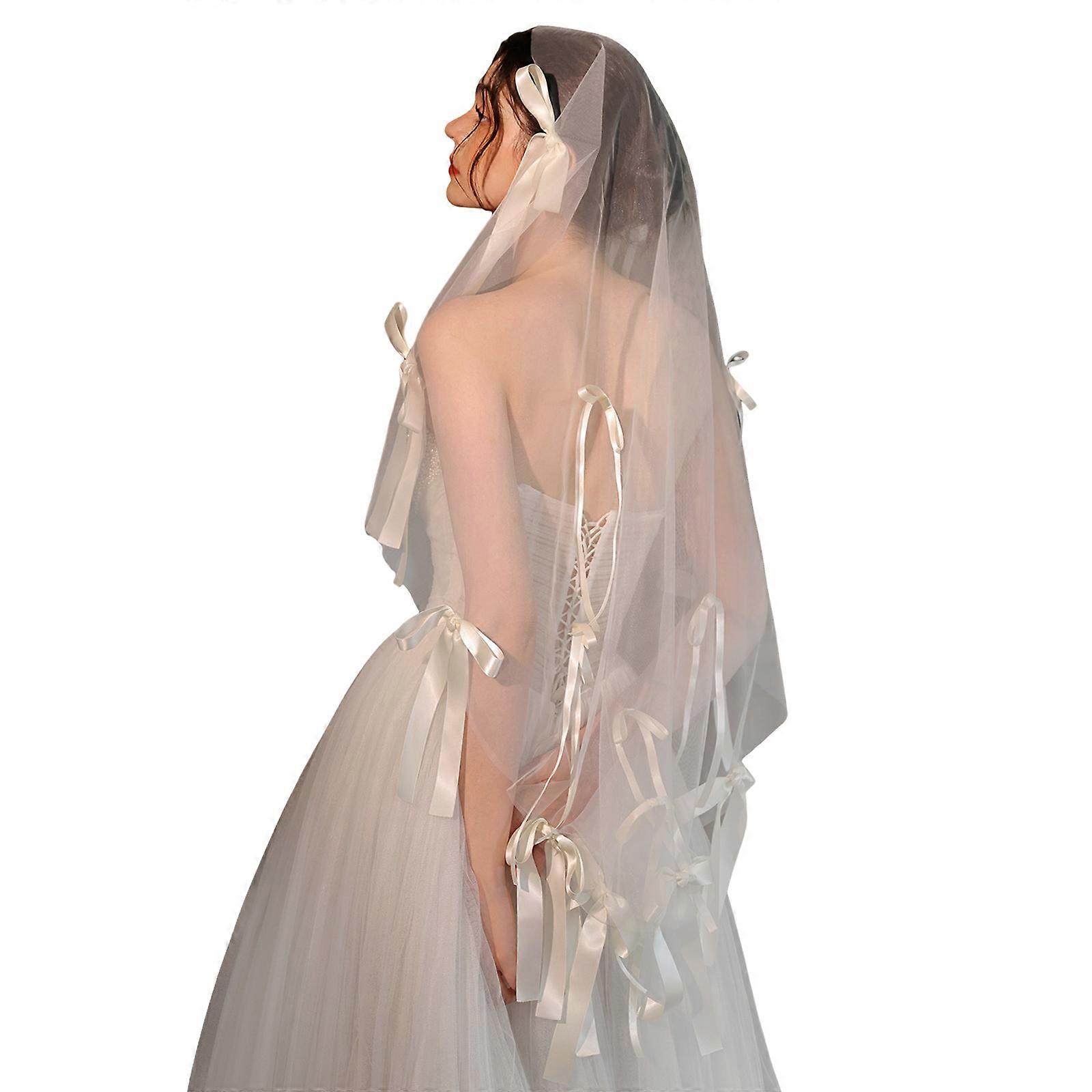 Breathable Wedding Headpiece Subtle Ribbon Accent Bridal Veil Simple Single Layer Design Soft Sheer Fabric For Bride  White