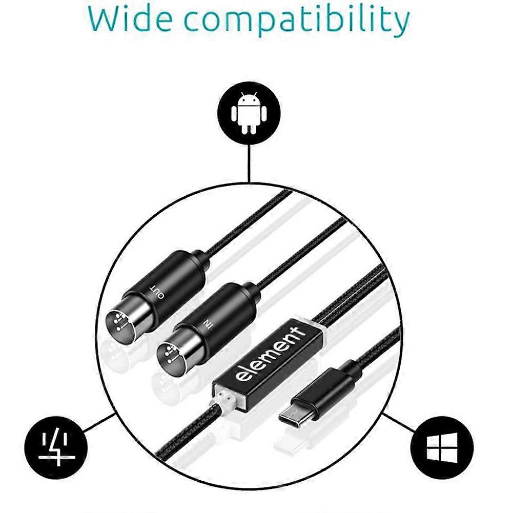 MIDI to USB C Type C Cable USB MIDI Converter with Indicator Light for Electronic Organ Computer